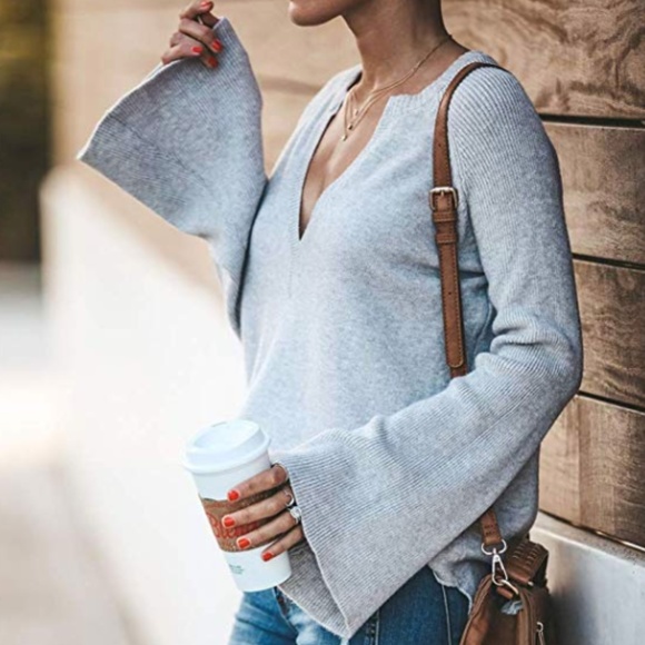 Deep V Lightweight Bell Sleeve Sweater - Picture 4 of 6